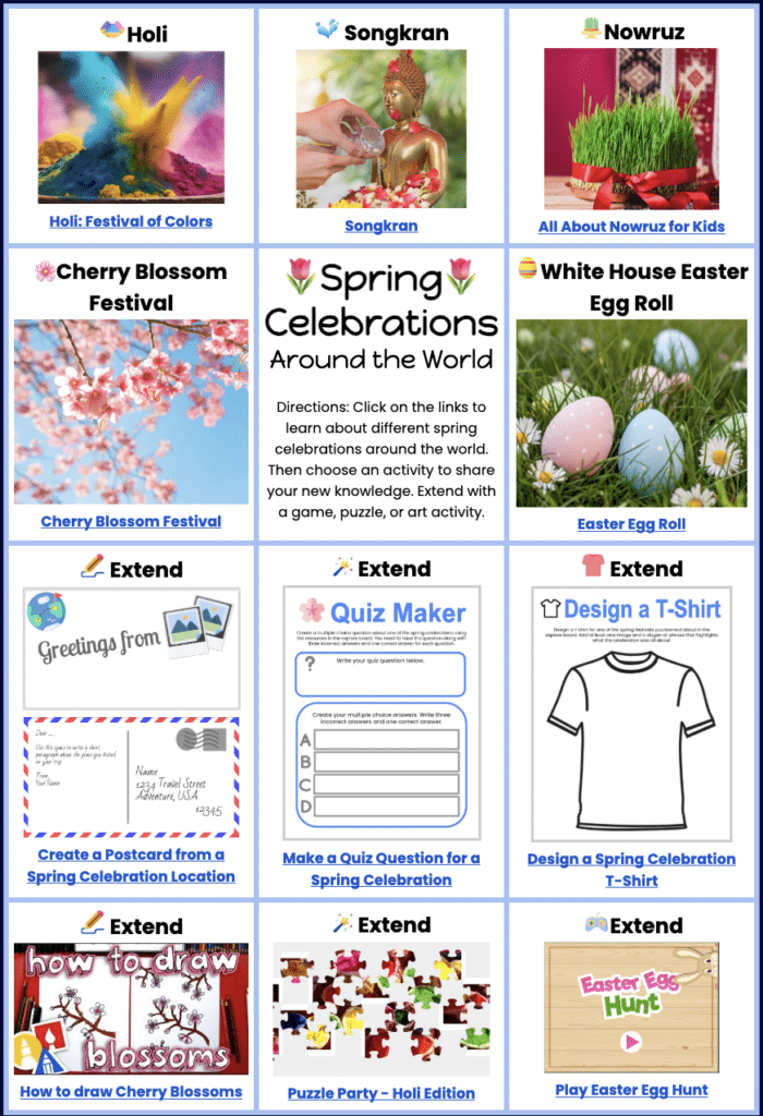 A digital grid resource for teachers about Spring Celebrations Around the World. Nine squares show images of Holi (Festival of Colors), Songkran, Nowruz, Cherry Blossom Festival, and White House Easter Egg Roll. Each includes a title and an "Extend" link for activities like postcard creation, quiz making, t-shirt design, drawing, puzzles, and an Easter egg hunt. The central square reads "Spring Celebrations Around the World" with instructions.